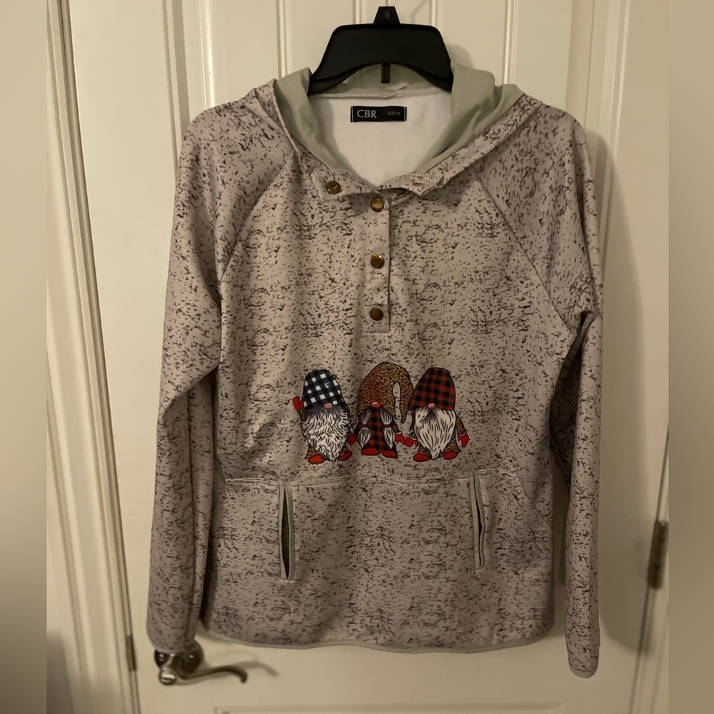 Holiday Hooded sweatshirt, three gnomes, quarter snap, pockets in the front